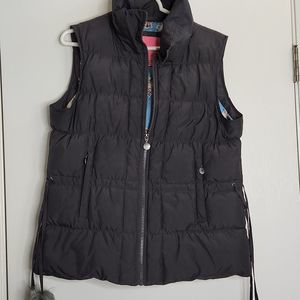 Betsey Johnson puffer vest, size large, charcoal gray with amazing fun liner.